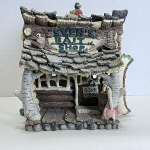 Enesco 1995 Sven's Bait Shop Cabin Figurine Log Cabin Rustic Lodge Fishing Decor